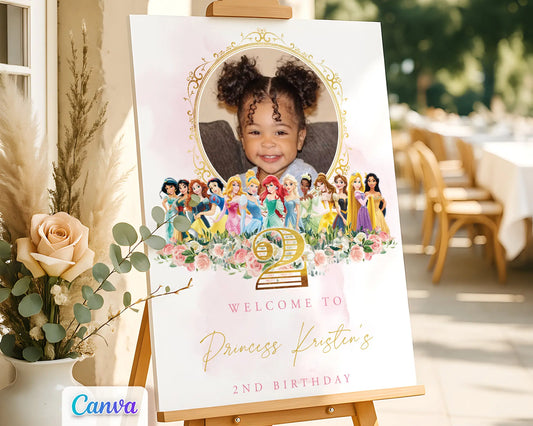 Princess welcome sign with photo, pink floral and gold frame design, editable Canva template for girl’s 2nd birthday party decor.
