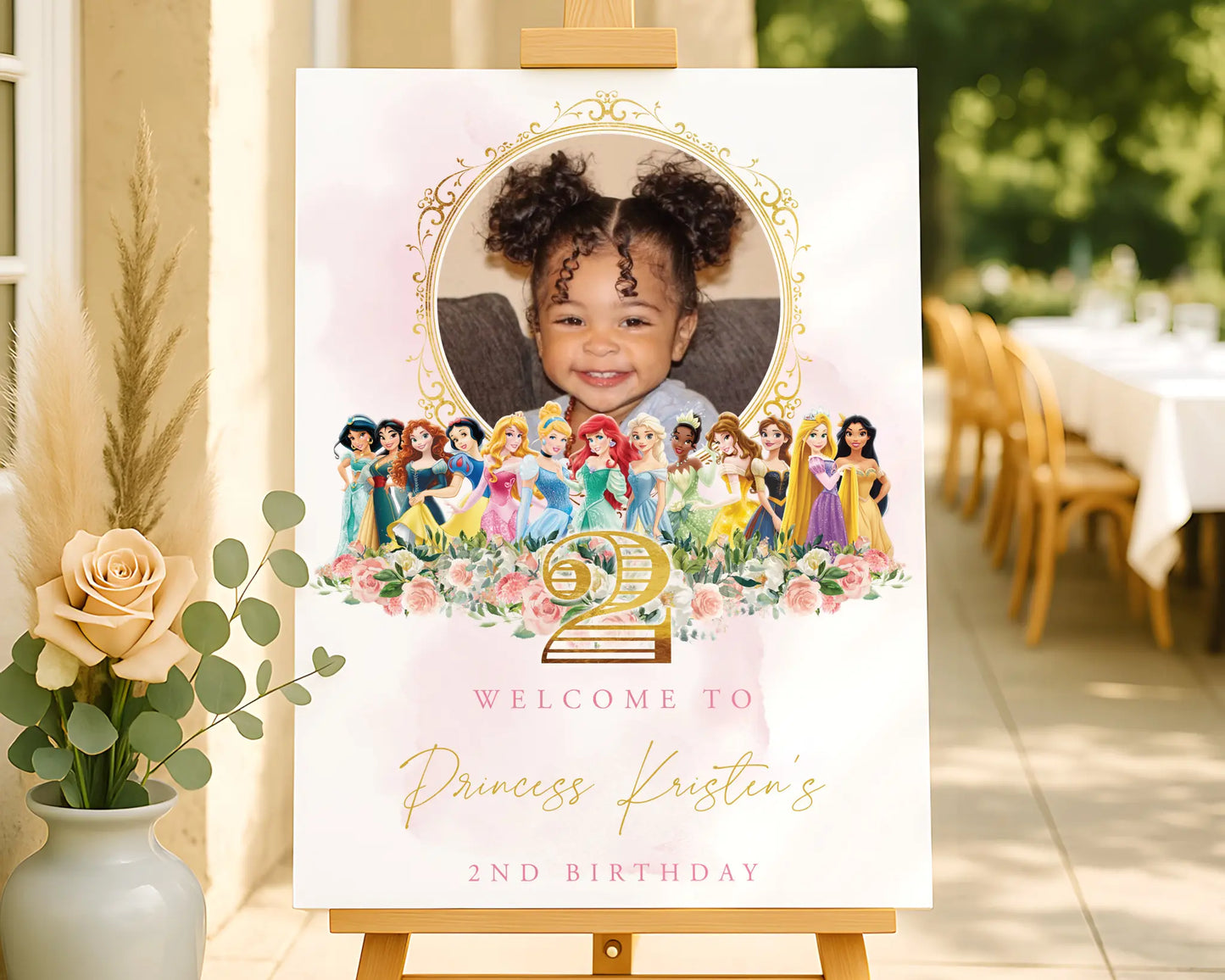 Princess birthday welcome sign with photo, pink floral and gold frame design, editable Canva template for 2nd birthday party decoration.
