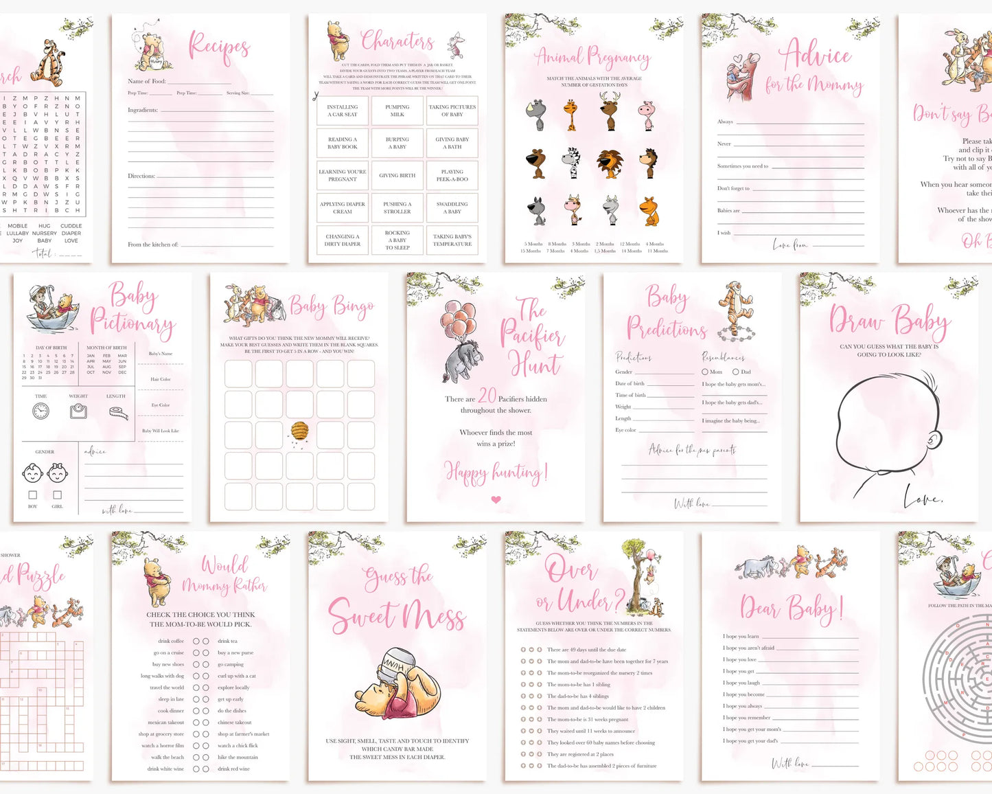 Full collection of printable Winnie the Pooh baby shower games for girl theme with pink background