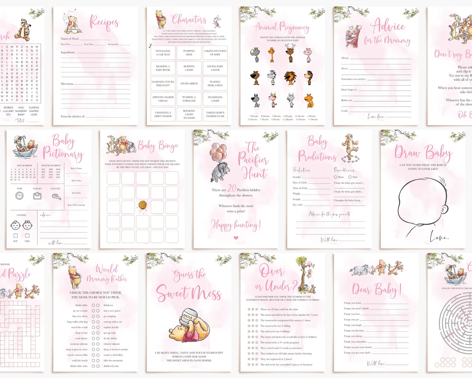 Full collection of printable Winnie the Pooh baby shower games for girl theme with pink background