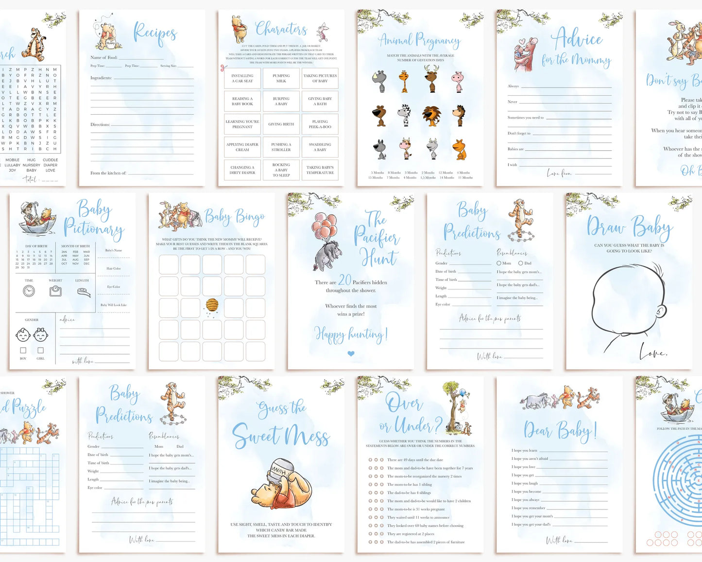 Full collection of printable Winnie the Pooh baby shower games for boy theme with blue background