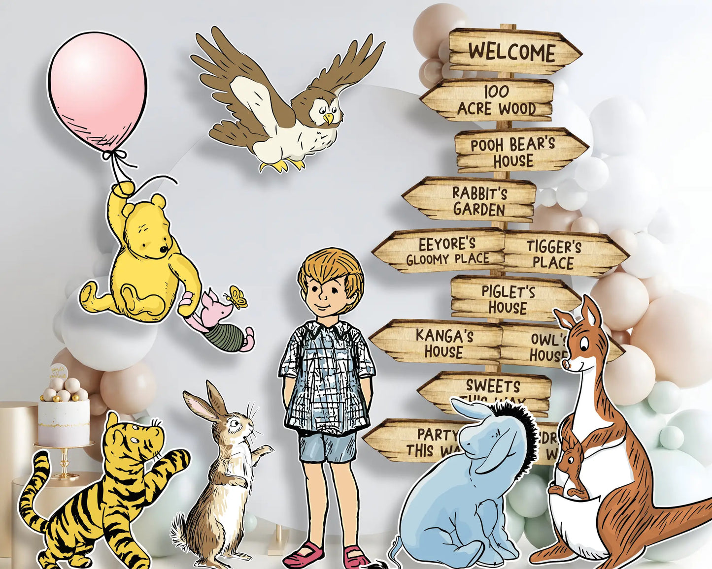 Printable Winnie the Pooh character cutouts with balloons and pastel backdrop, editable PDF for party decoration.
