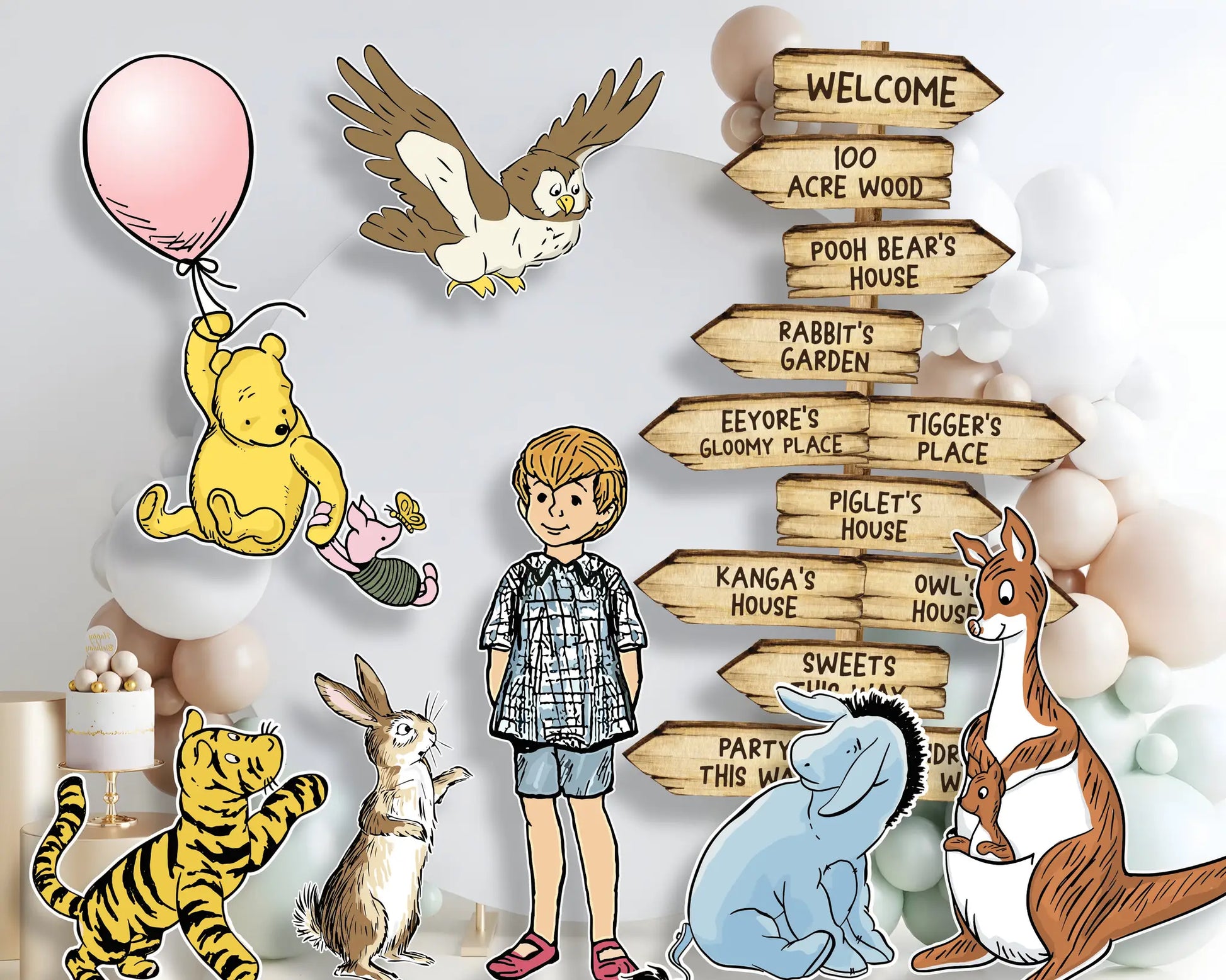 Printable Winnie the Pooh character cutouts with balloons and pastel backdrop, editable PDF for party decoration.