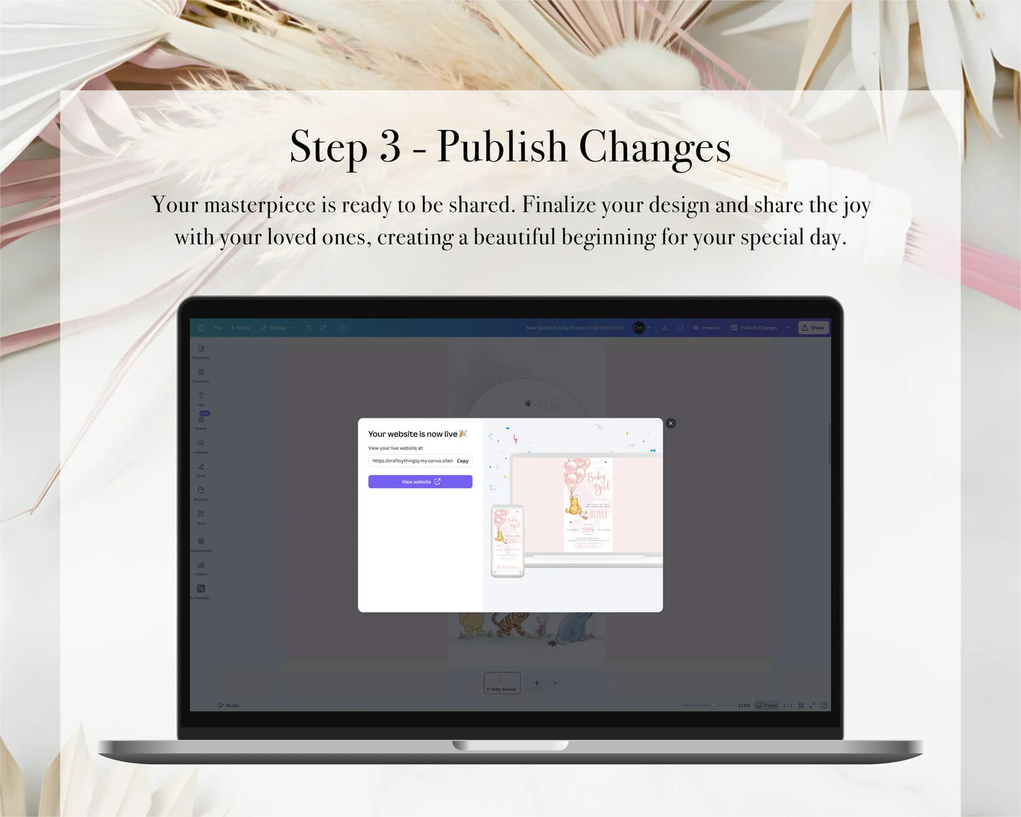 Step 3 tutorial showing how to publish and share the finalized Winnie the Pooh mobile invitation