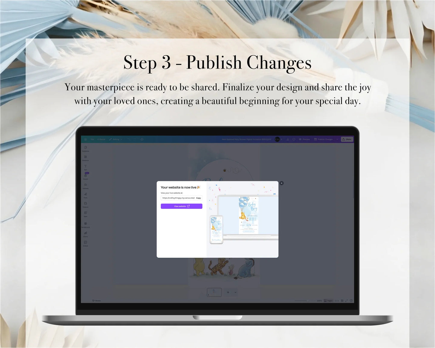 Step 3 tutorial showing how to publish and share the finalized Winnie the Pooh boy mobile invitation