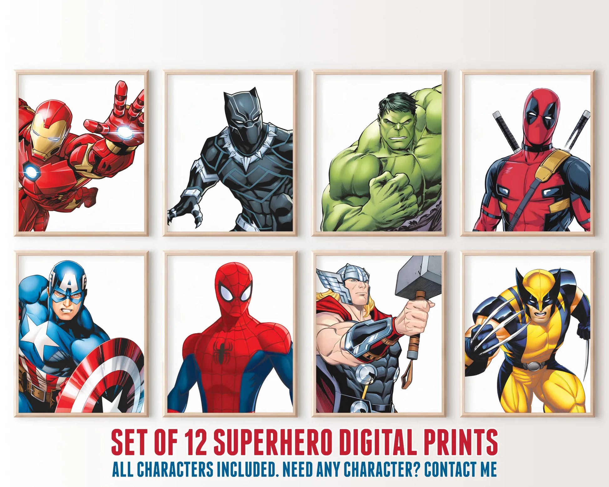Full set of 12 superhero digital prints including Iron Man, Black Panther, Hulk, Deadpool, Captain America, Spider-Man, Thor, and Wolverine