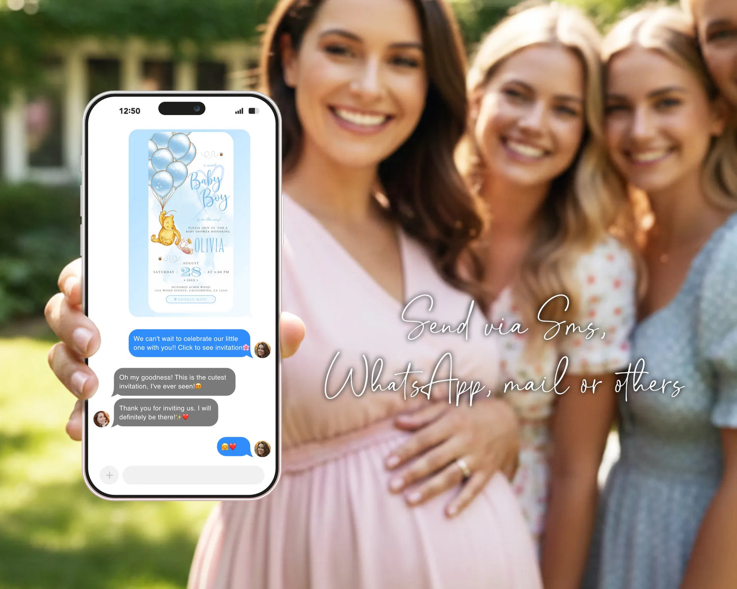 Smartphone displaying a blue Winnie the Pooh invitation being shared through messaging apps