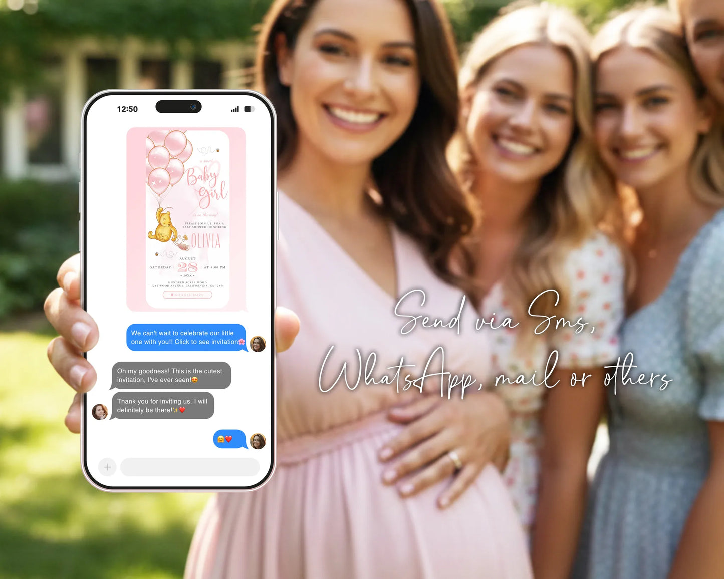 Smartphone displaying a Winnie the Pooh invitation being shared through messaging apps