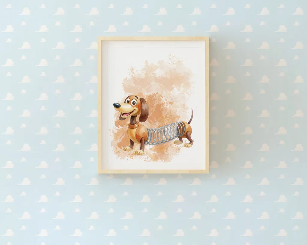 Watercolor print of Slinky Dog on a neutral cloud background