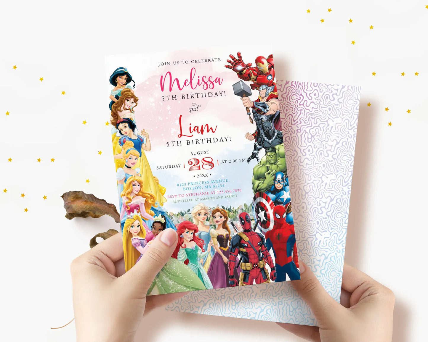 Princess and superhero joint birthday invitation set, editable Canva template for kids, pastel pink and red printable design.