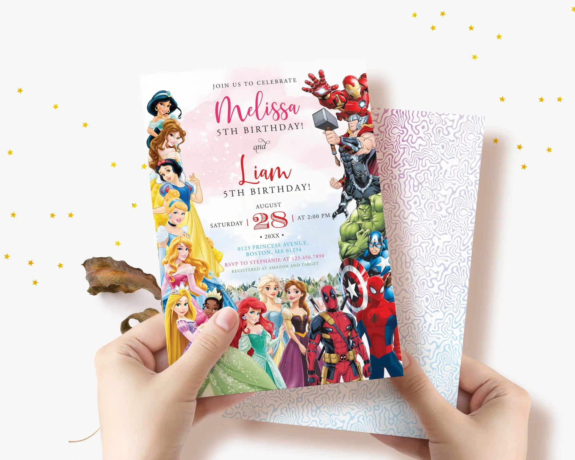 Princess and superhero joint birthday invitation set, editable Canva template for kids, pastel pink and red printable design.