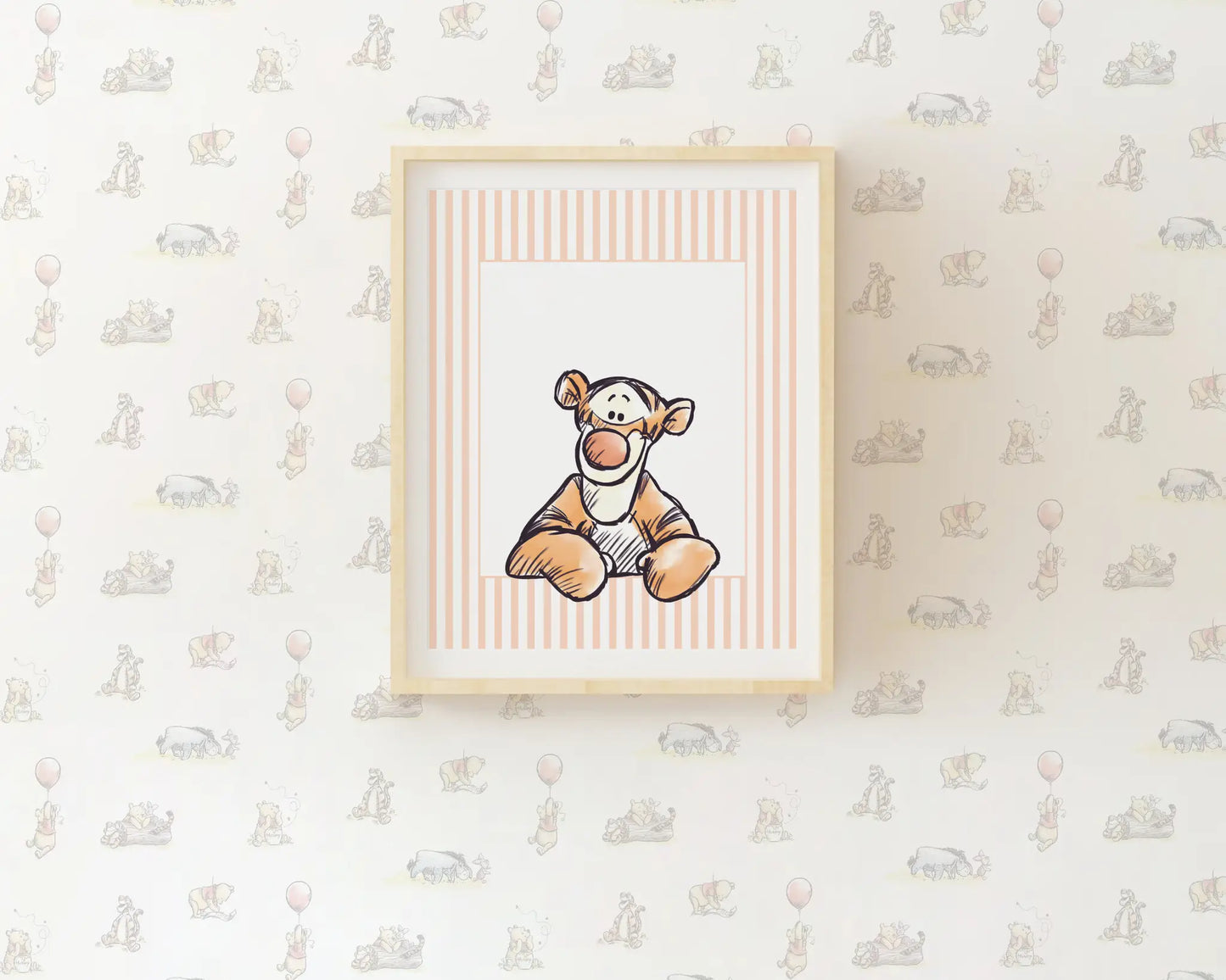 Watercolor Tigger illustration on orange striped background for nursery wall decor