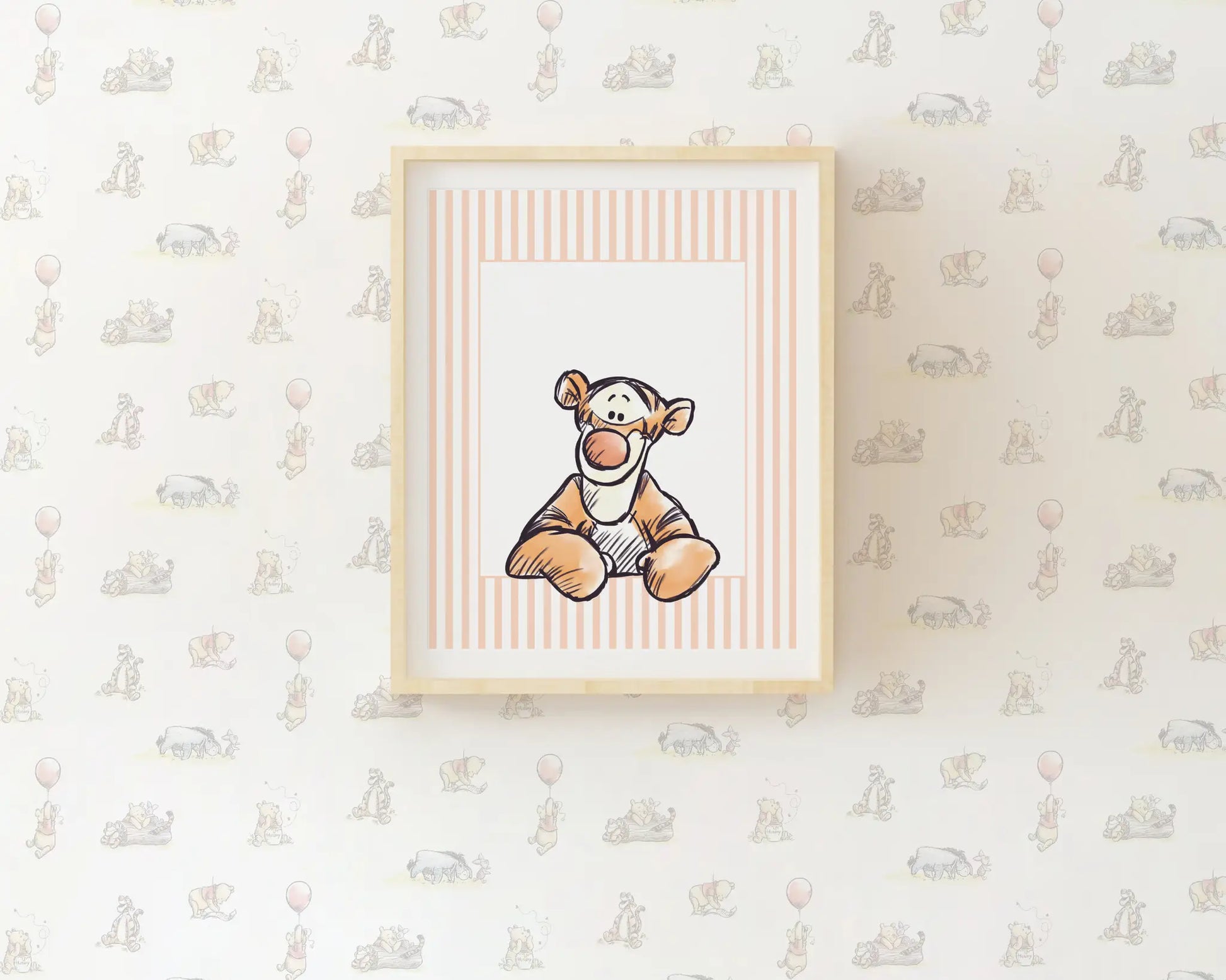 Watercolor Tigger illustration on orange striped background for nursery wall decor