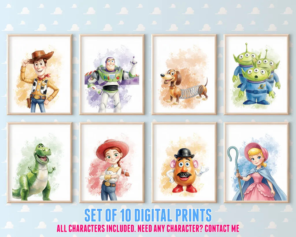 Grid layout displaying 10 Toy Story watercolor prints including Woody, Buzz, Rex, Hamm, and Slinky Dog