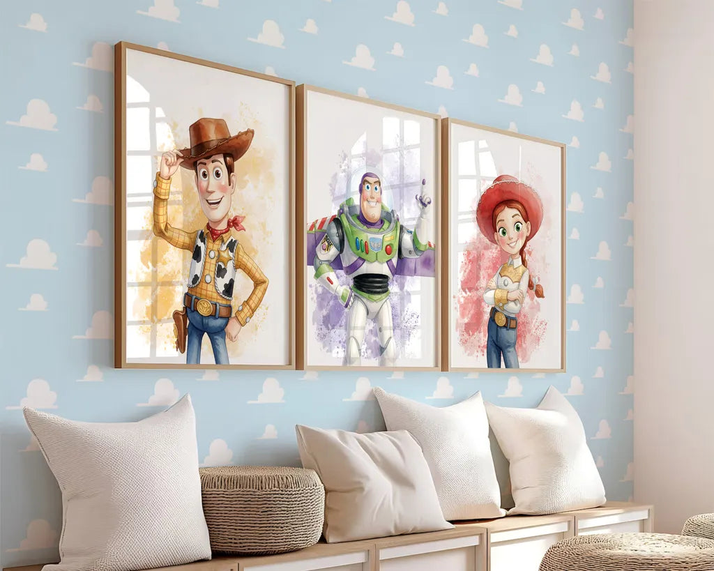 Side view mockup of Woody, Buzz Lightyear, and Jessie framed wall art in a kids room