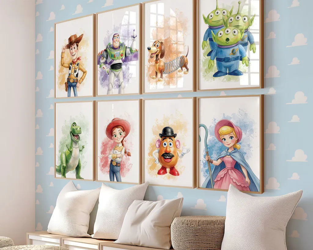 Perspective view of a Toy Story nursery gallery wall with wooden framed character prints