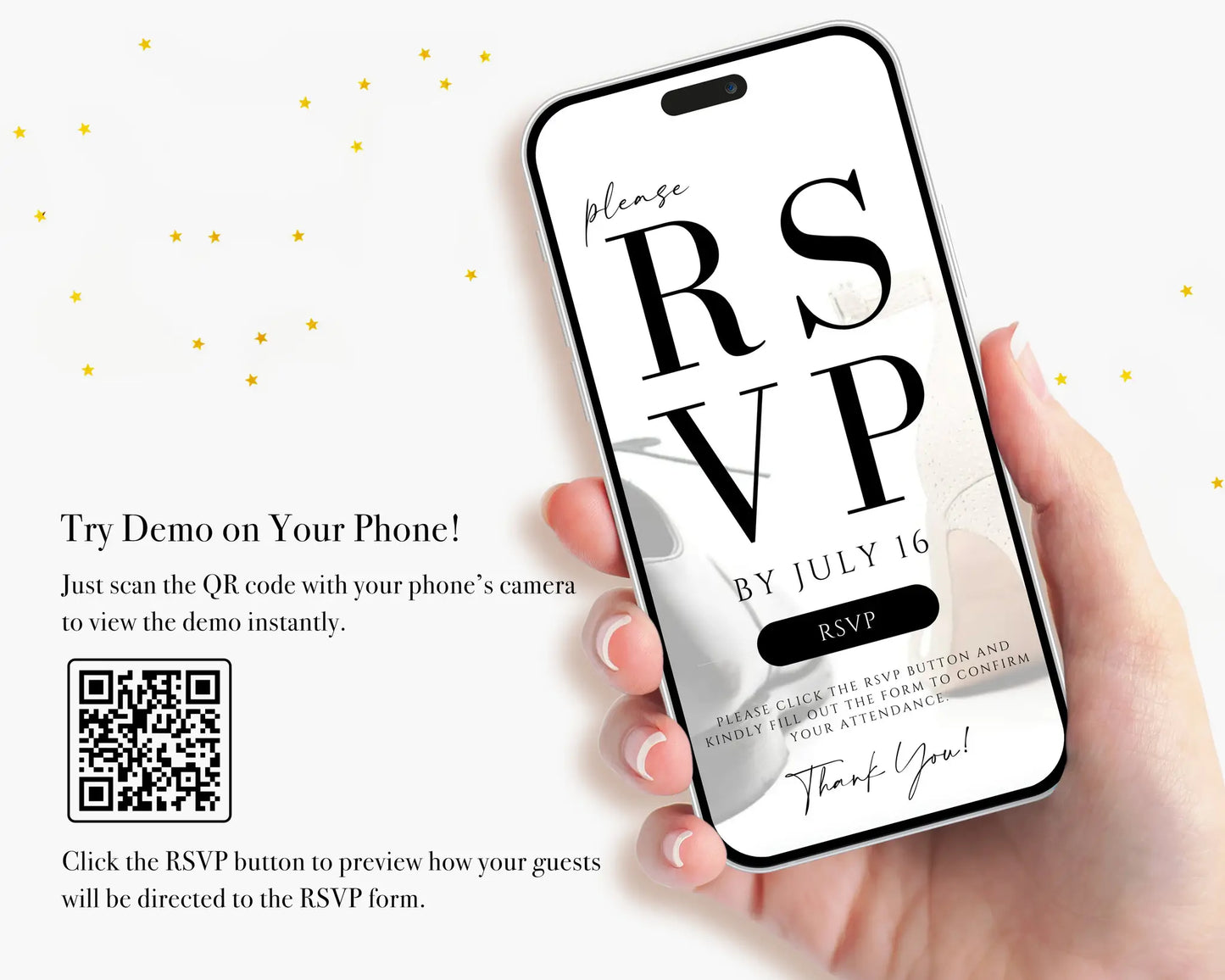 Try the RSVP demo on your phone, digital wedding invitation Canva template with QR code for guest responses.
