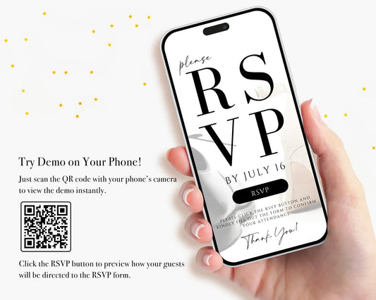 Try the RSVP demo on your phone, digital wedding invitation Canva template with QR code for guest responses.