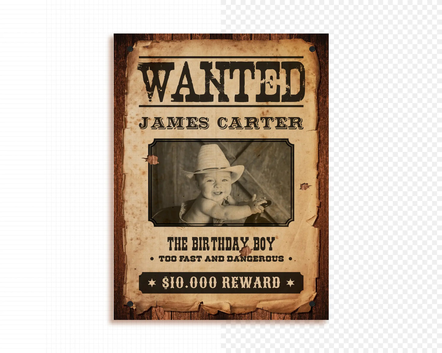 Vintage-style Wanted Poster cowboy birthday sign template, customizable in Canva with editable photo and reward text.