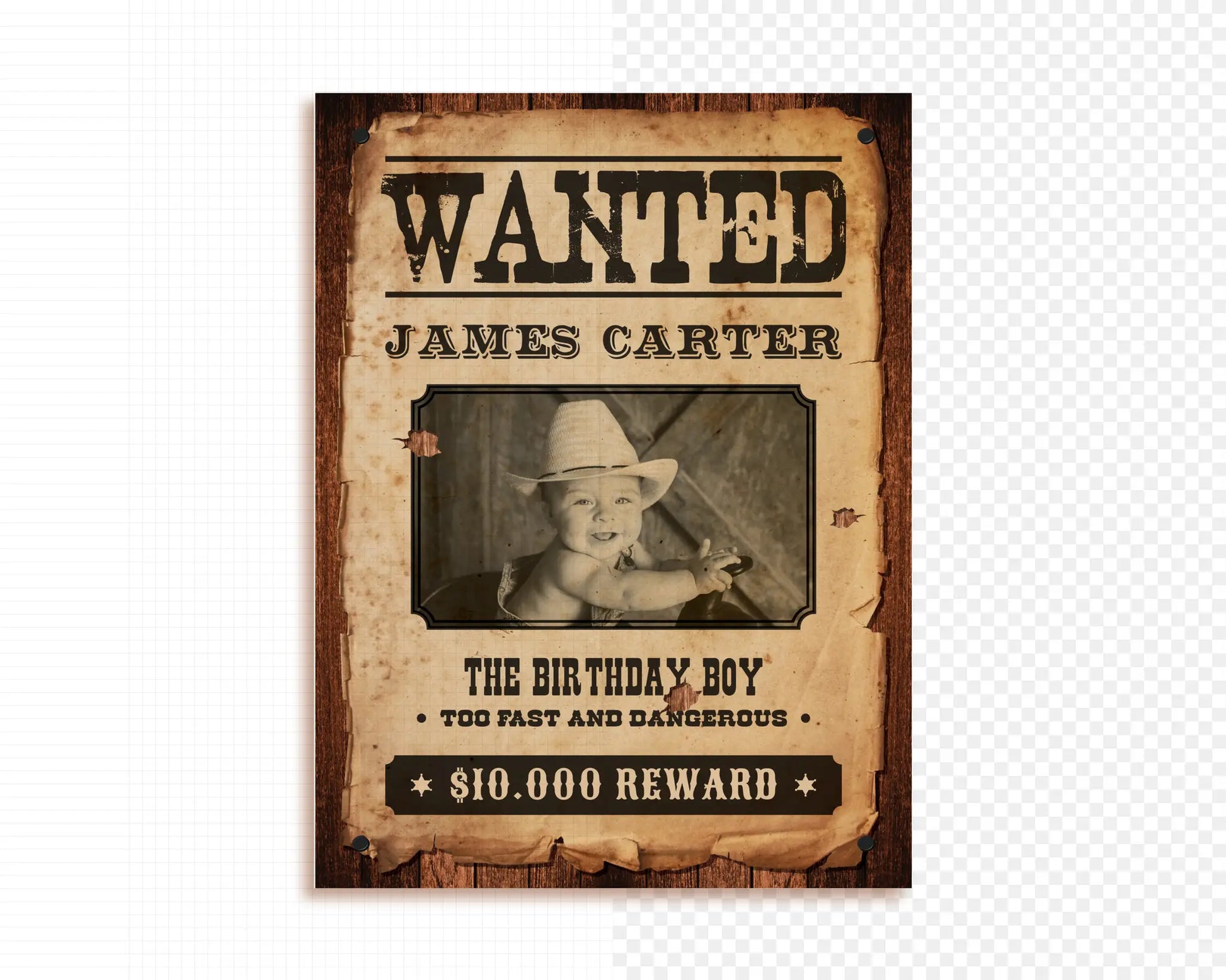 Vintage-style Wanted Poster cowboy birthday sign template, customizable in Canva with editable photo and reward text.