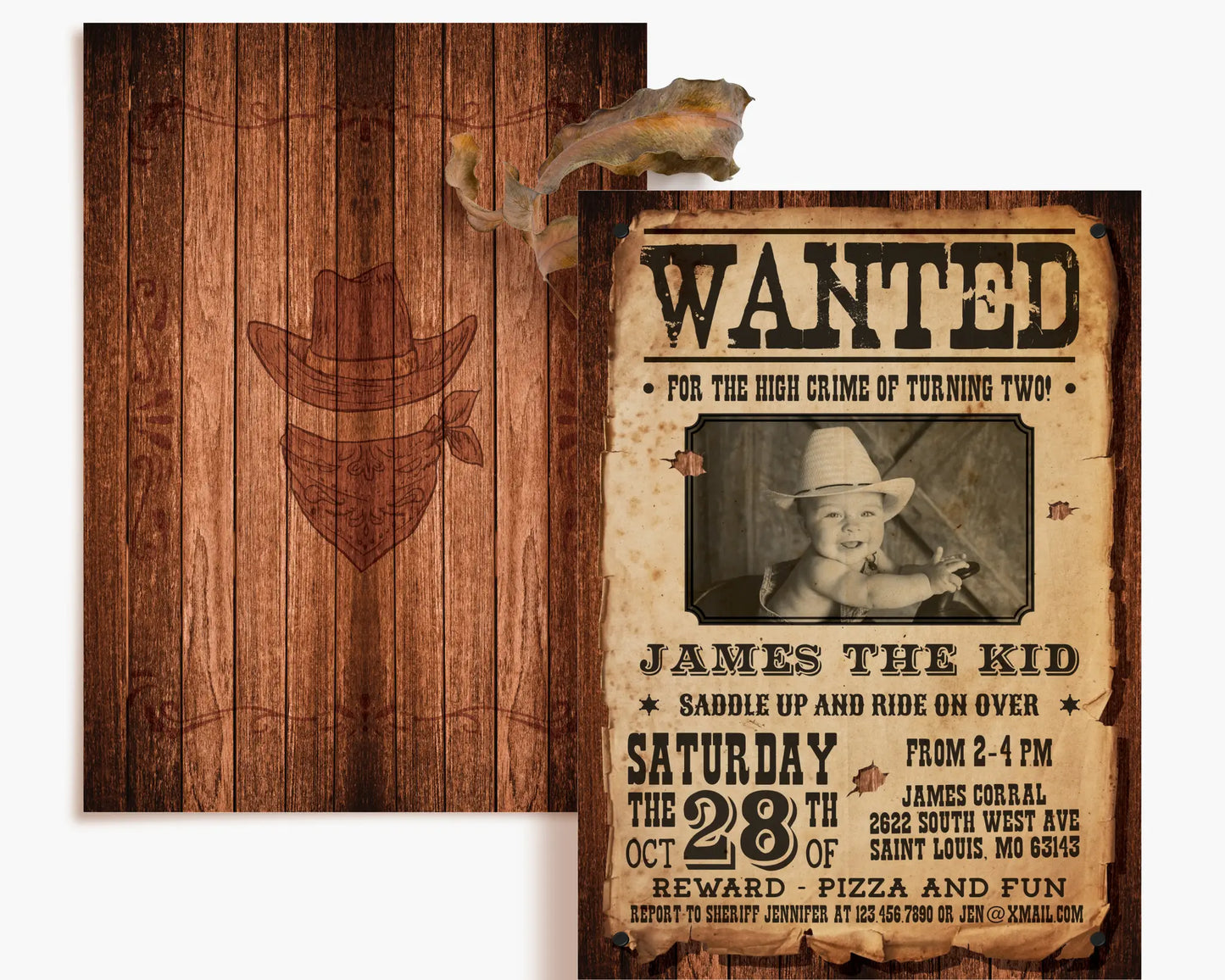 Front and back view of customizable Wanted Poster invitation template with rustic wood texture, perfect for cowboy party theme.