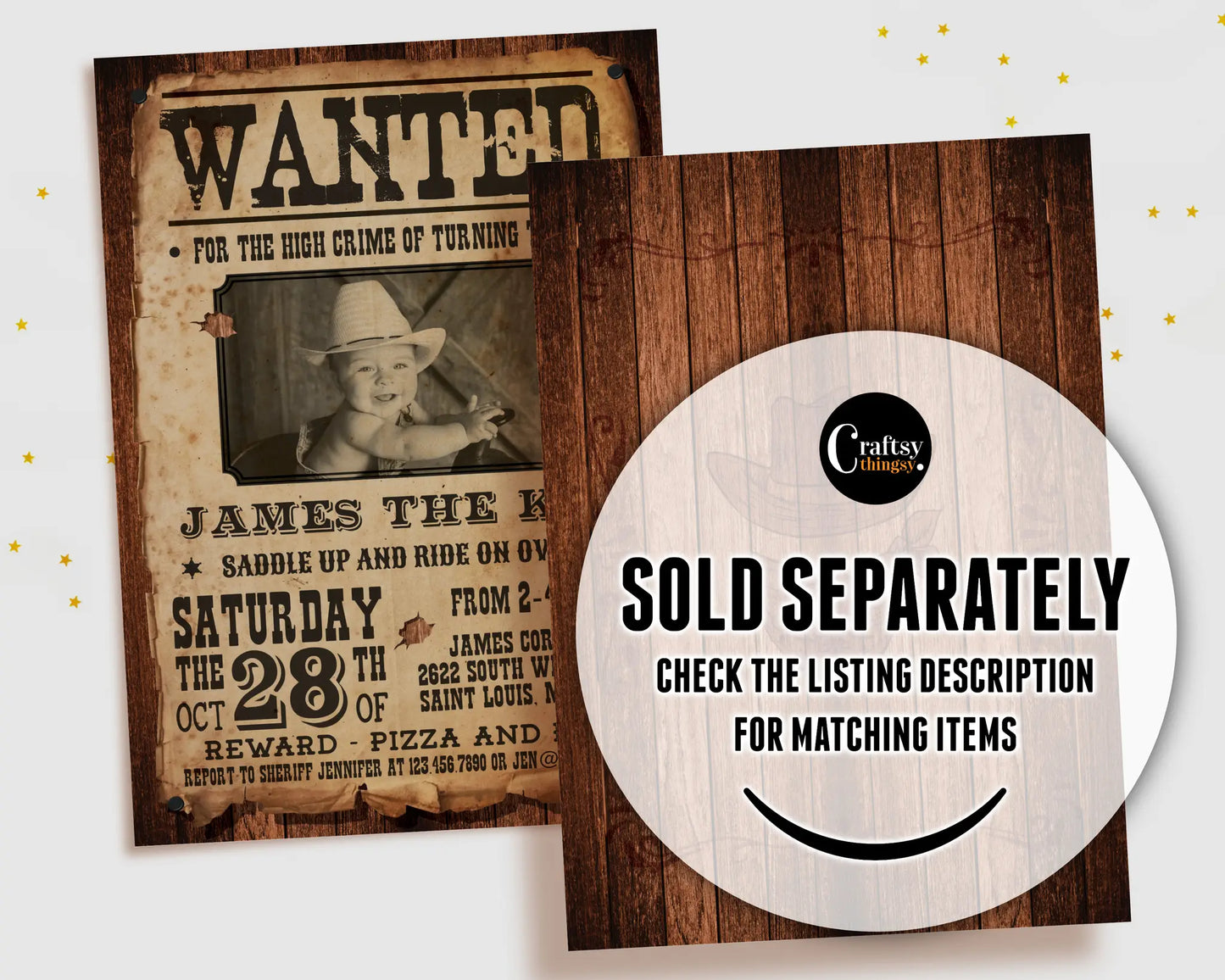 Matching Wanted Poster cowboy birthday backdrop design with “Sold Separately” label, perfect for coordinating western party decor.