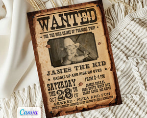 Wanted Poster Invitation Custom Cowboy Birthday Invite with Photo Canva Template