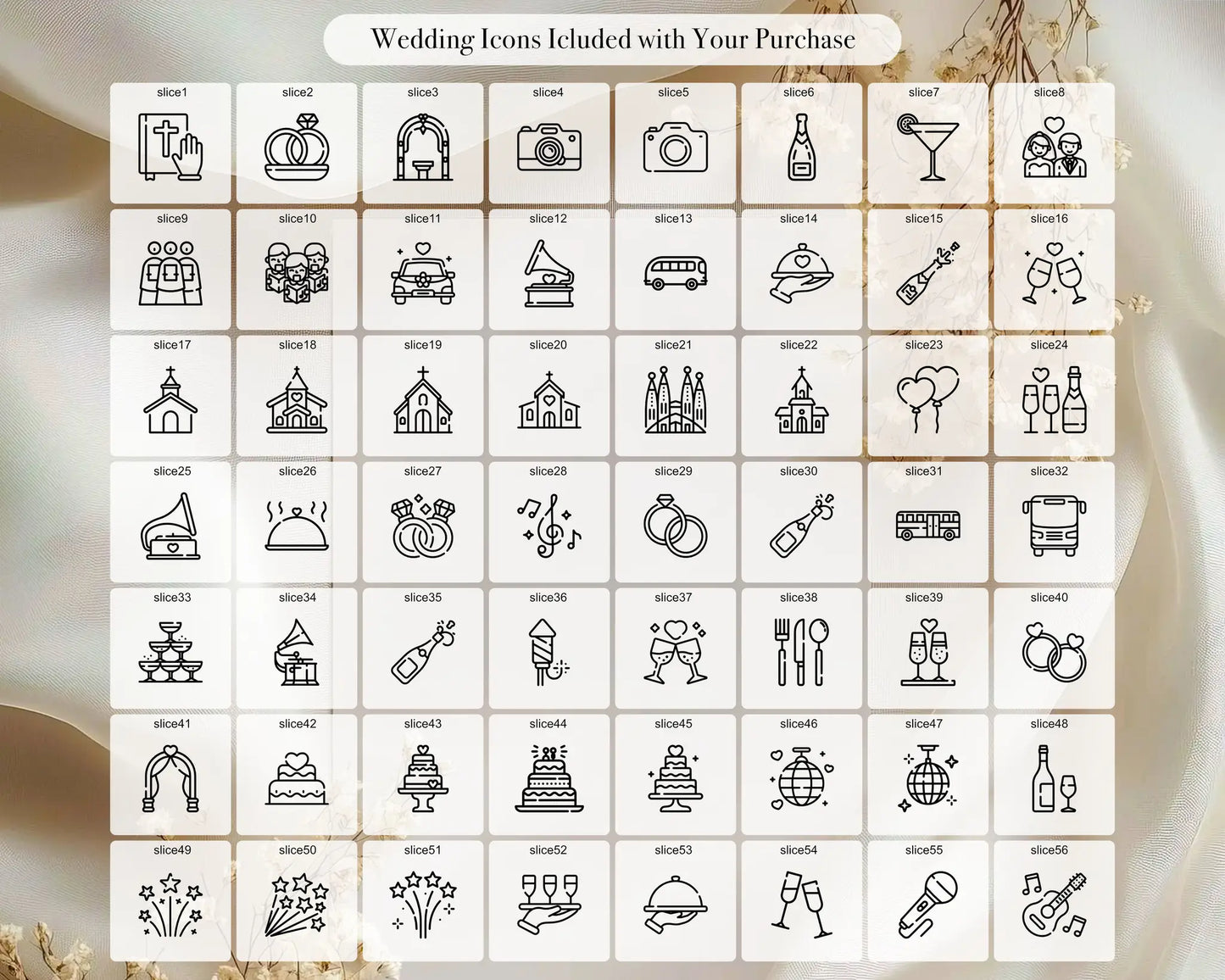 Wedding icon pack included with digital invitation purchase, minimalist icons for Canva wedding templates.