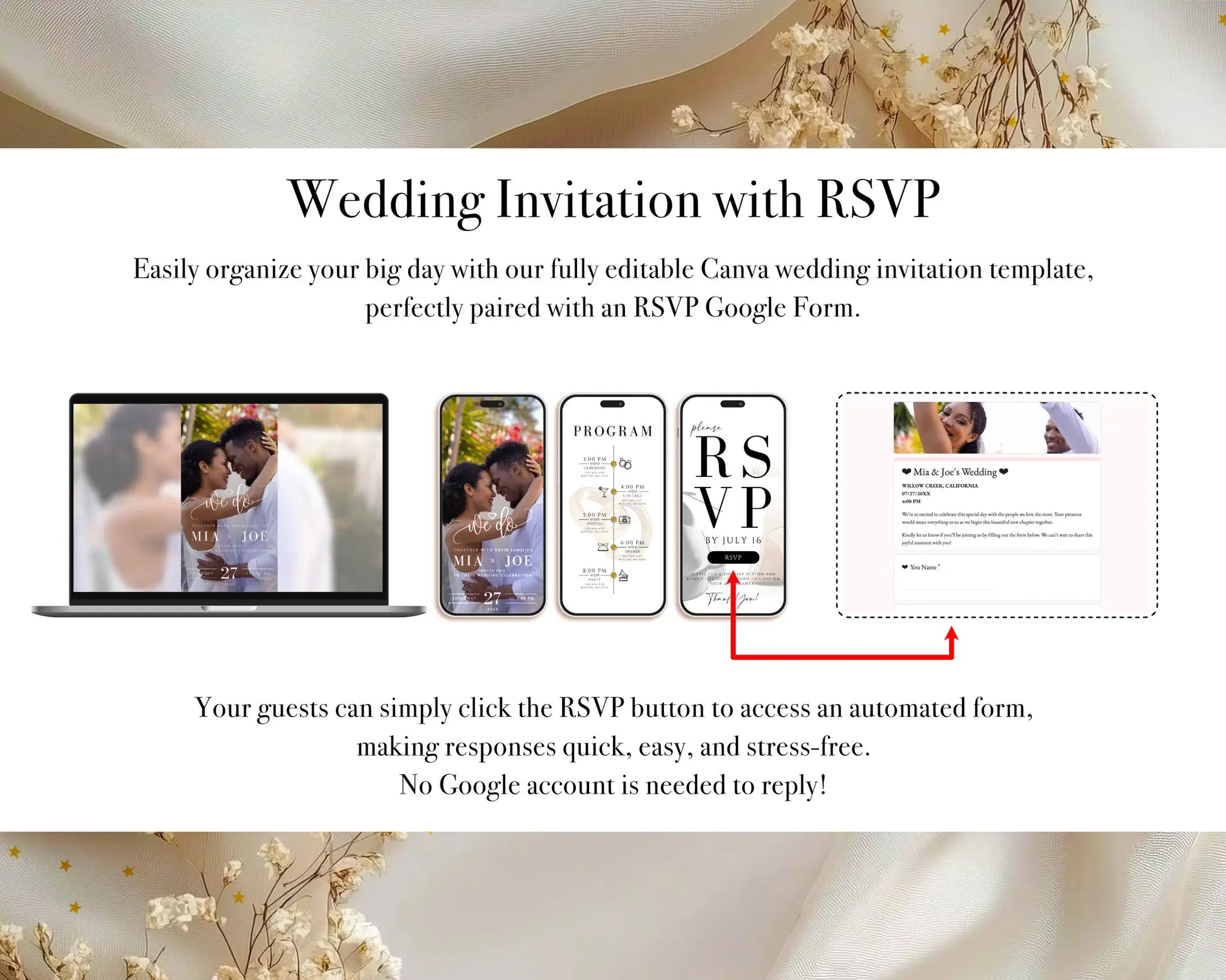 Digital wedding invitation with RSVP link and step-by-step guide, editable Canva template for couples.