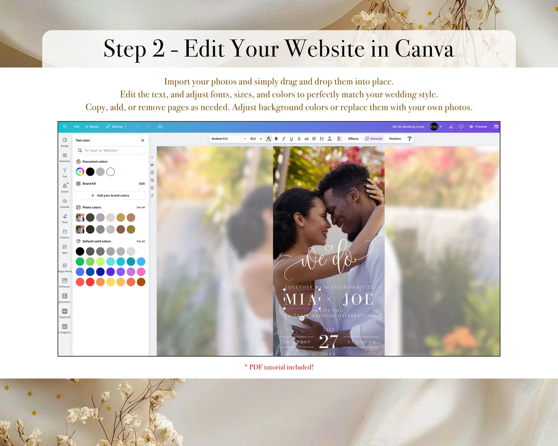 Customize your wedding website in Canva, editable template for digital RSVP invitations.