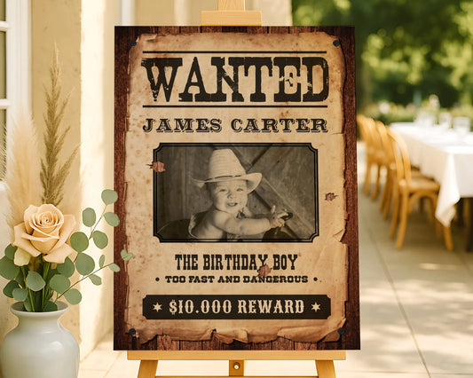 Editable cowboy birthday poster sign designed as a vintage Wanted Poster, featuring child’s photo and rustic western background.