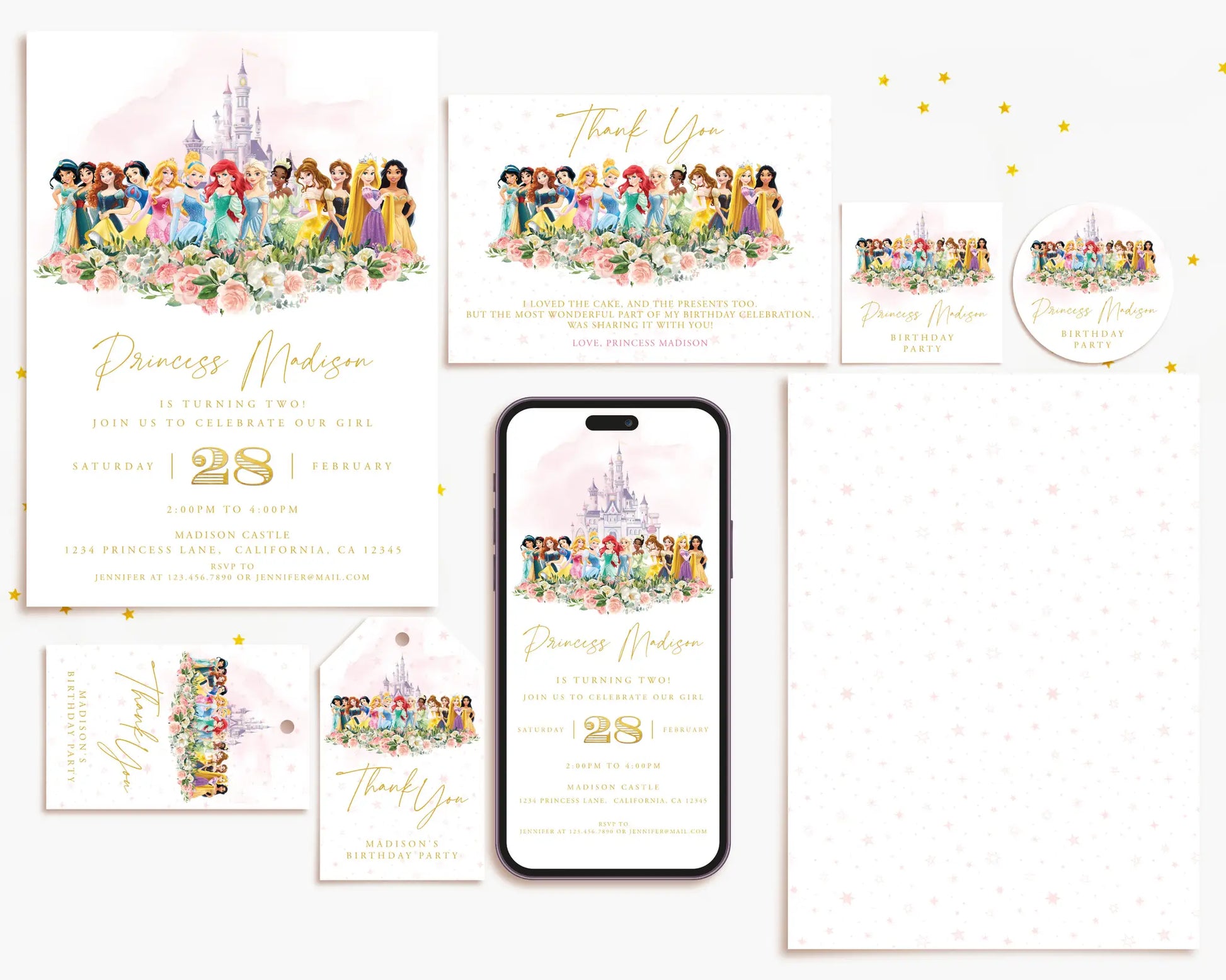 Full list of Disney Princess party printables including invitation, welcome sign, banners and favor tags.