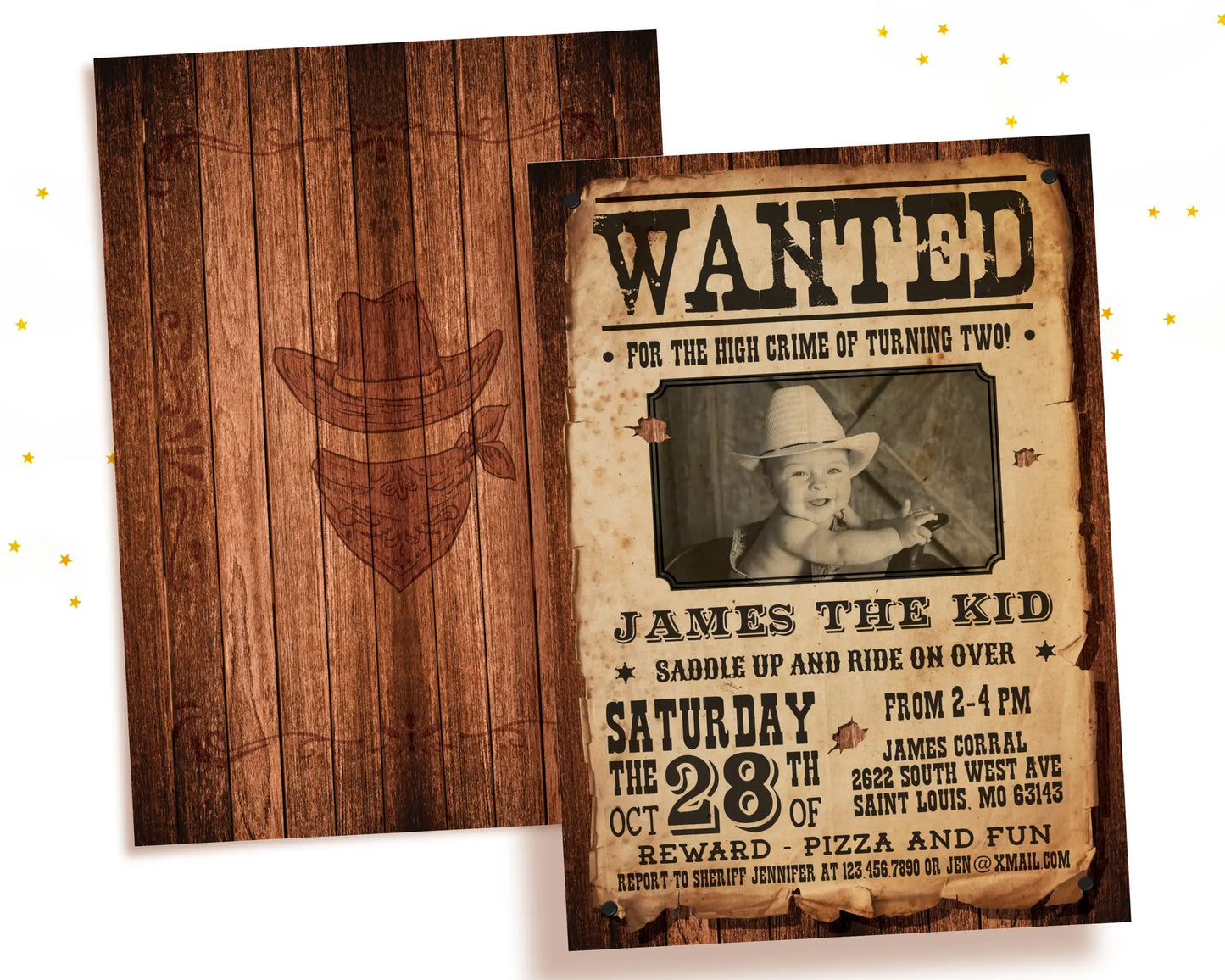 Rustic wooden background with vintage Wanted Poster cowboy invitation template, editable with photo and text in Canva.