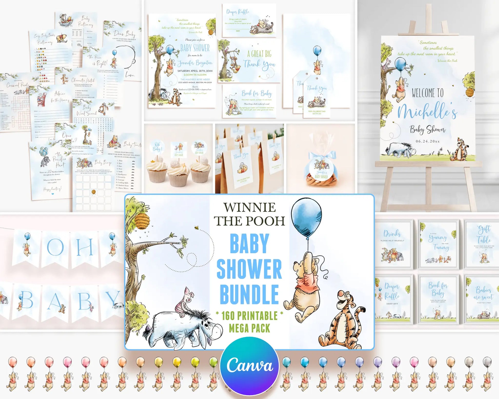 Complete Winnie the Pooh boy baby shower bundle with blue balloon theme, printable templates including signs, invitations, and decorations.