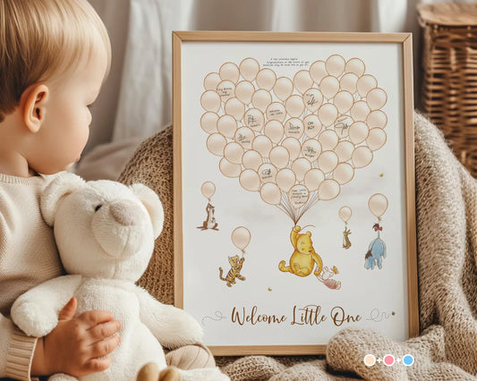 Baby holding teddy bear beside Winnie the Pooh baby shower guest book print with heart-shaped balloons, beige neutral theme for gender-neutral parties.