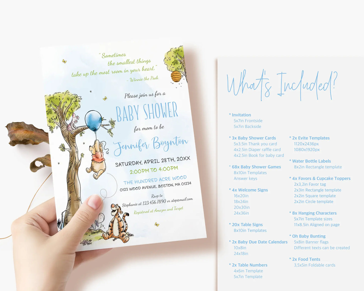 Blue balloon Winnie the Pooh baby shower invitation card held by hand, editable Canva template with woodland tree and Pooh Bear.