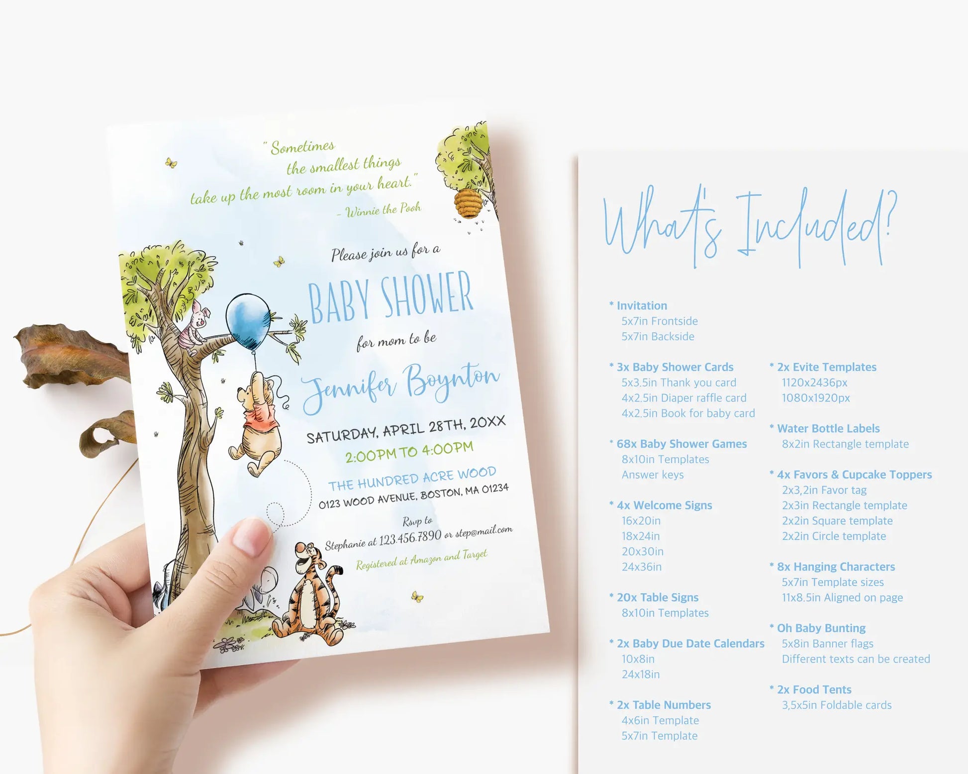 Blue balloon Winnie the Pooh baby shower invitation card held by hand, editable Canva template with woodland tree and Pooh Bear.