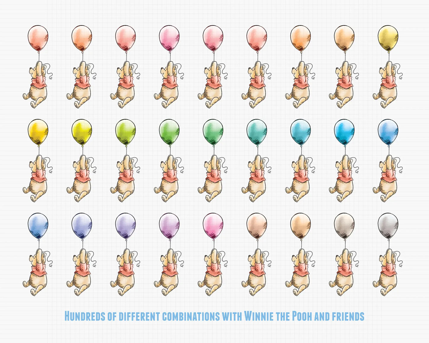 Overview of included printable templates from Winnie the Pooh baby shower bundle with blue theme invitations and labels.