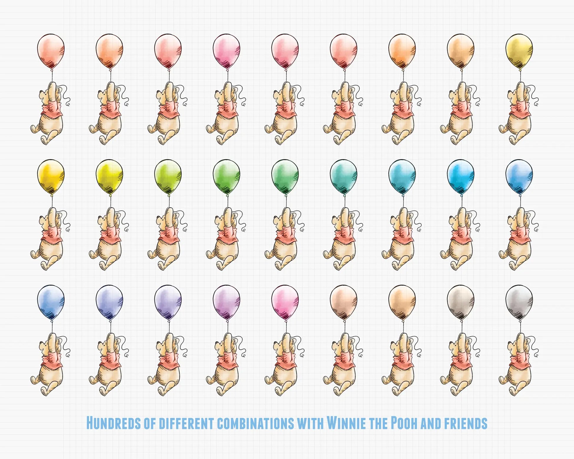 Overview of included printable templates from Winnie the Pooh baby shower bundle with blue theme invitations and labels.