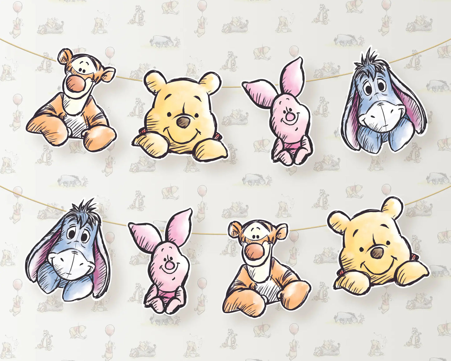 Winnie the Pooh bunting banner featuring Pooh, Piglet, Tigger, and Eeyore hanging decorations for baby shower or birthday party.