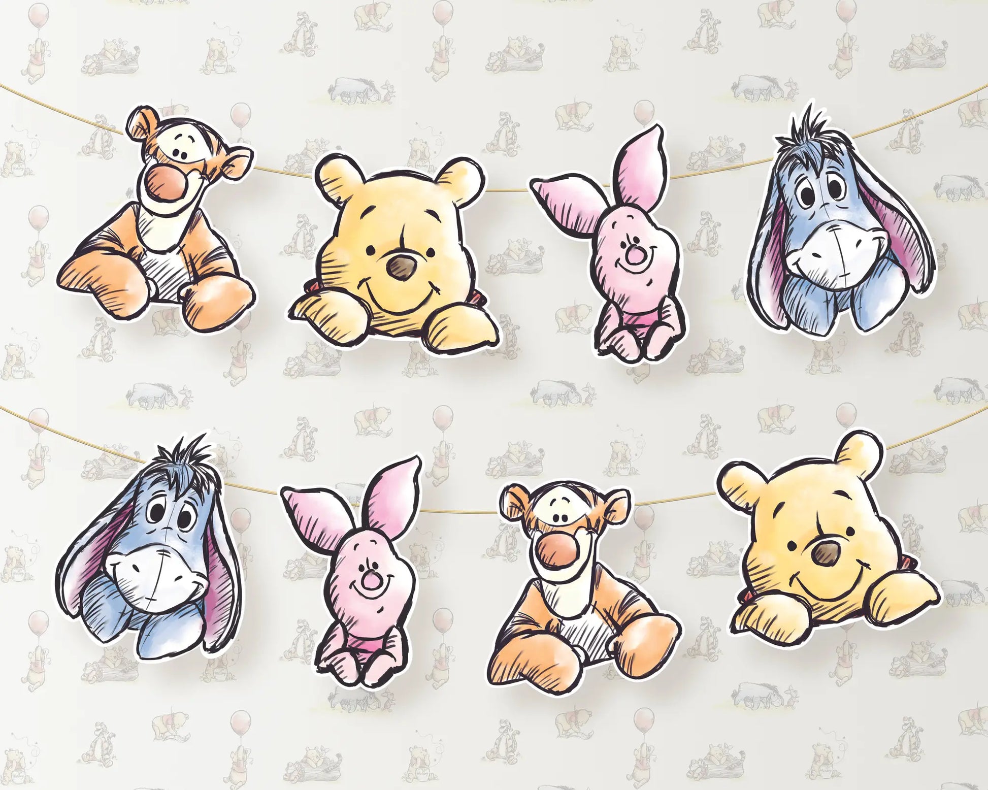 Winnie the Pooh bunting banner featuring Pooh, Piglet, Tigger, and Eeyore hanging decorations for baby shower or birthday party.