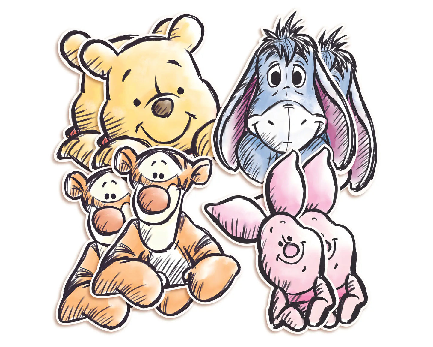 Set of Winnie the Pooh characters including Pooh Bear, Piglet, Tigger, and Eeyore used as hanging decorations for party backdrop.