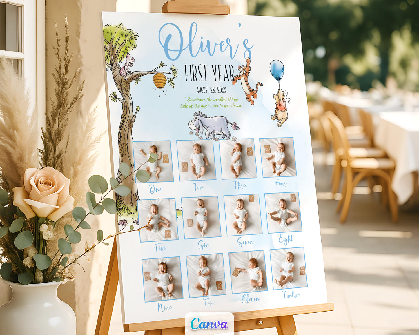 Winnie the Pooh 1st birthday milestone photo collage template for boys displayed on an easel outdoors