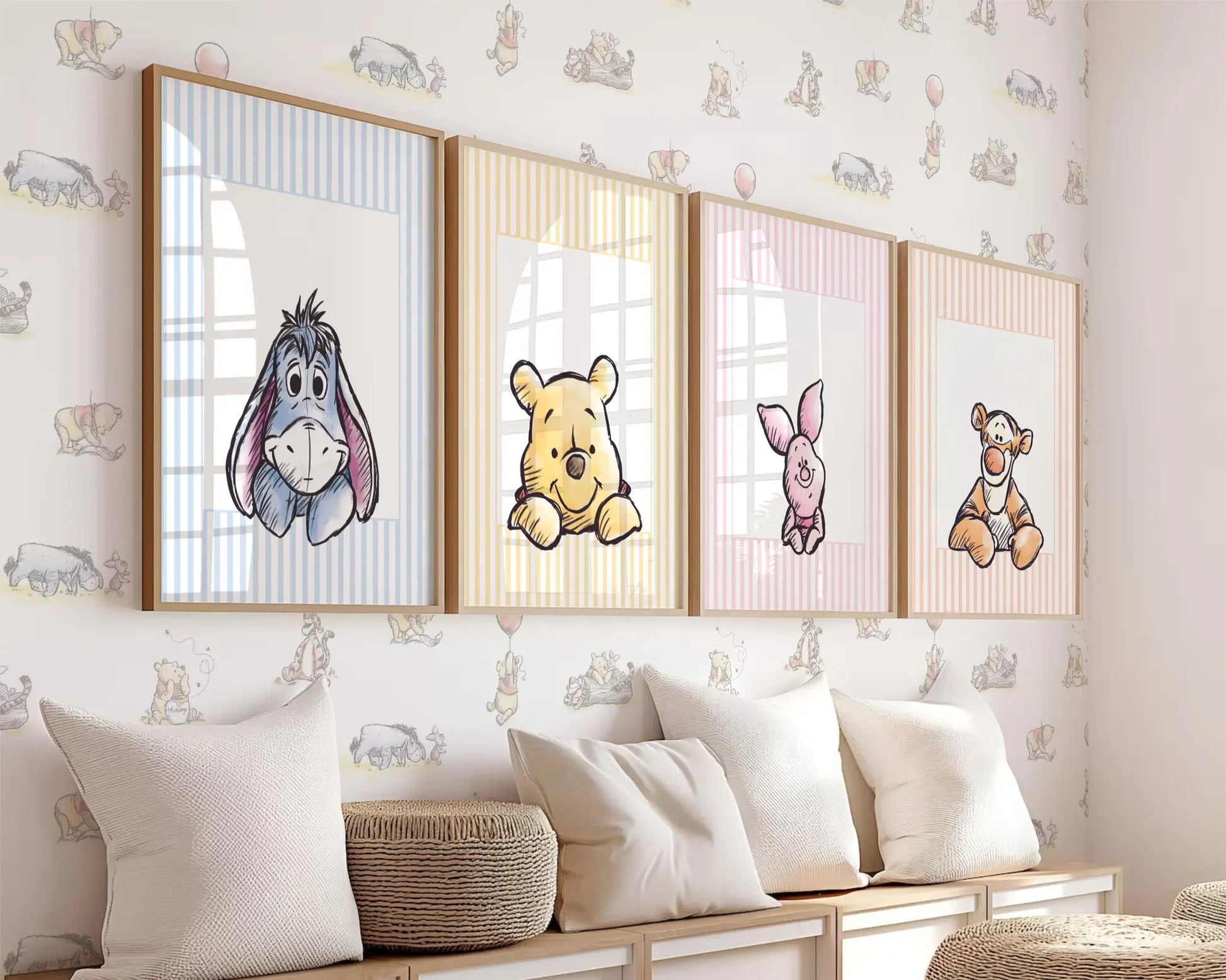 Winnie the Pooh, Piglet, Tigger, and Eeyore watercolor prints for baby nursery wall