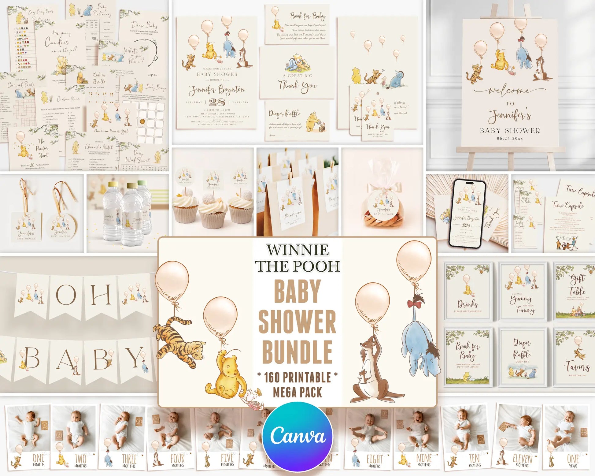 Complete Winnie the Pooh baby shower bundle with invitations, games, signs, banners, and decor templates editable in Canva