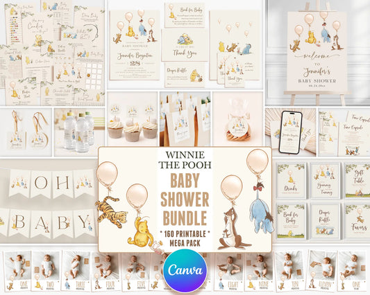 Complete Winnie the Pooh baby shower bundle with invitations, games, signs, banners, and decor templates editable in Canva