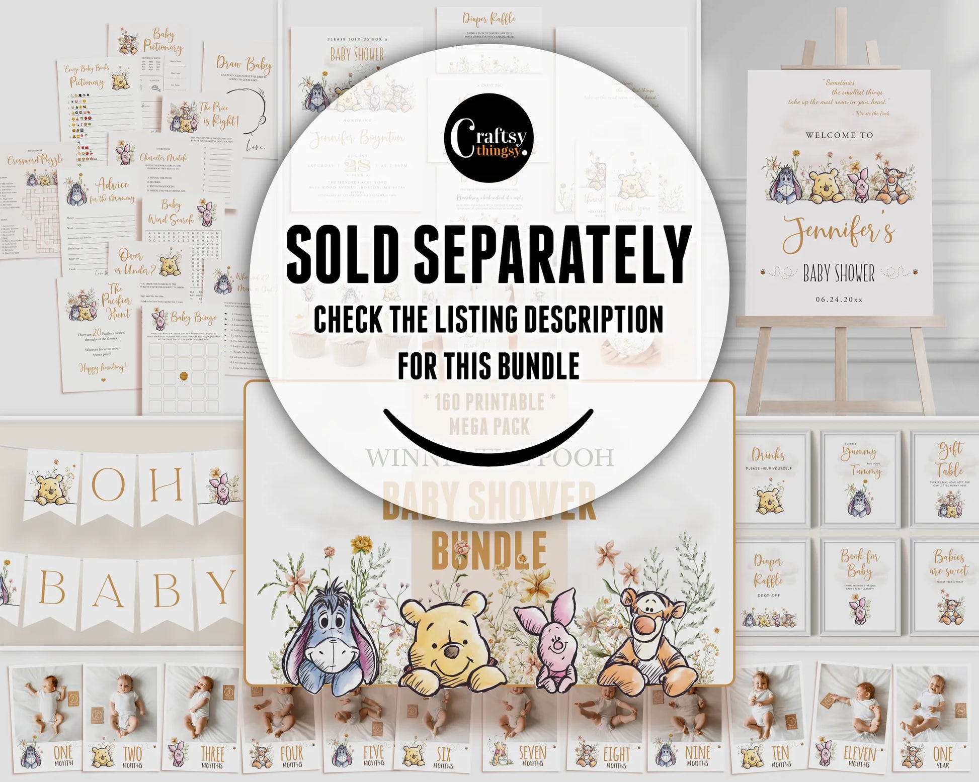 Winnie the Pooh baby shower bundle overview showing matching printable items available separately