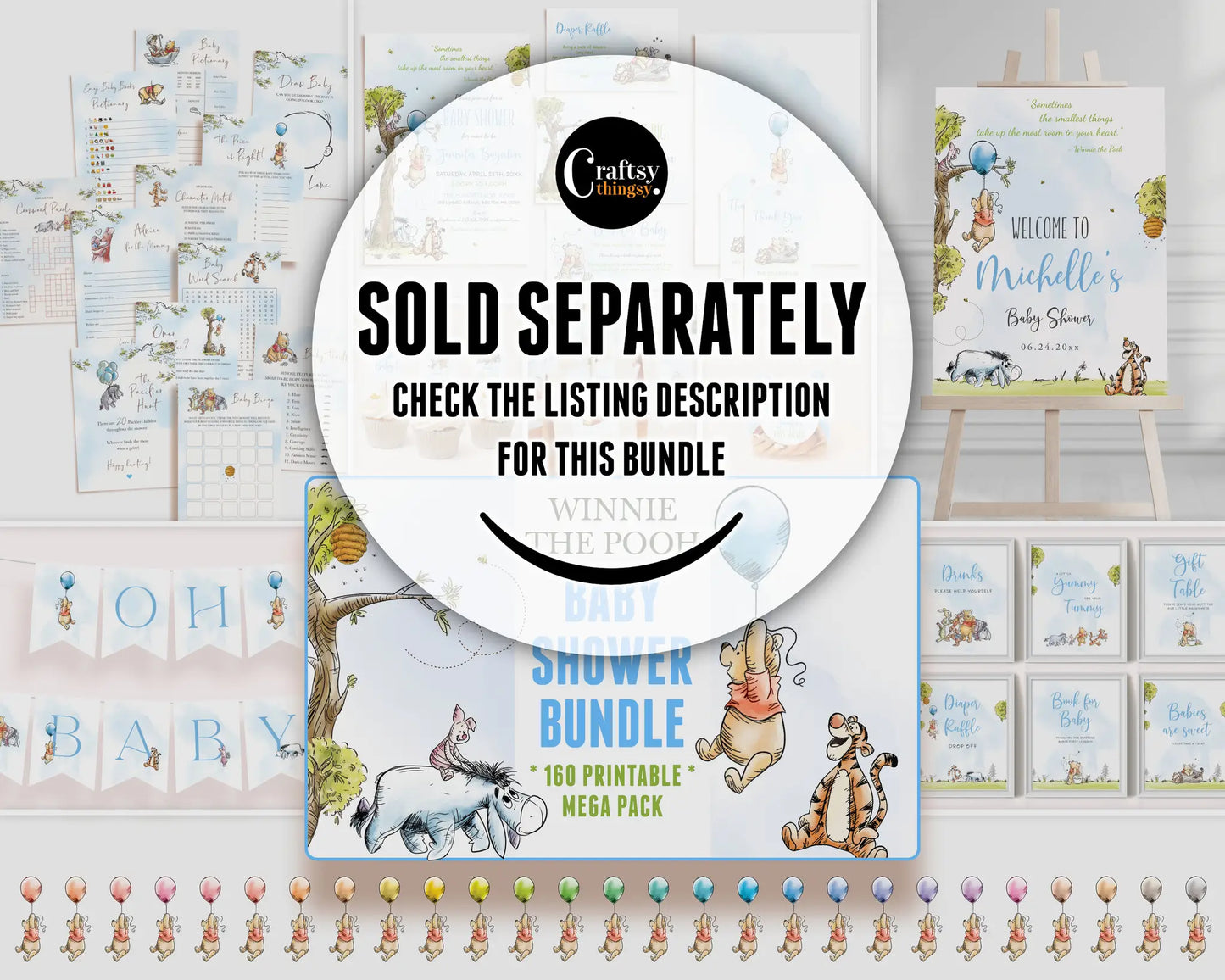 Winnie the Pooh baby shower printable bundle preview with welcome sign and matching party decorations