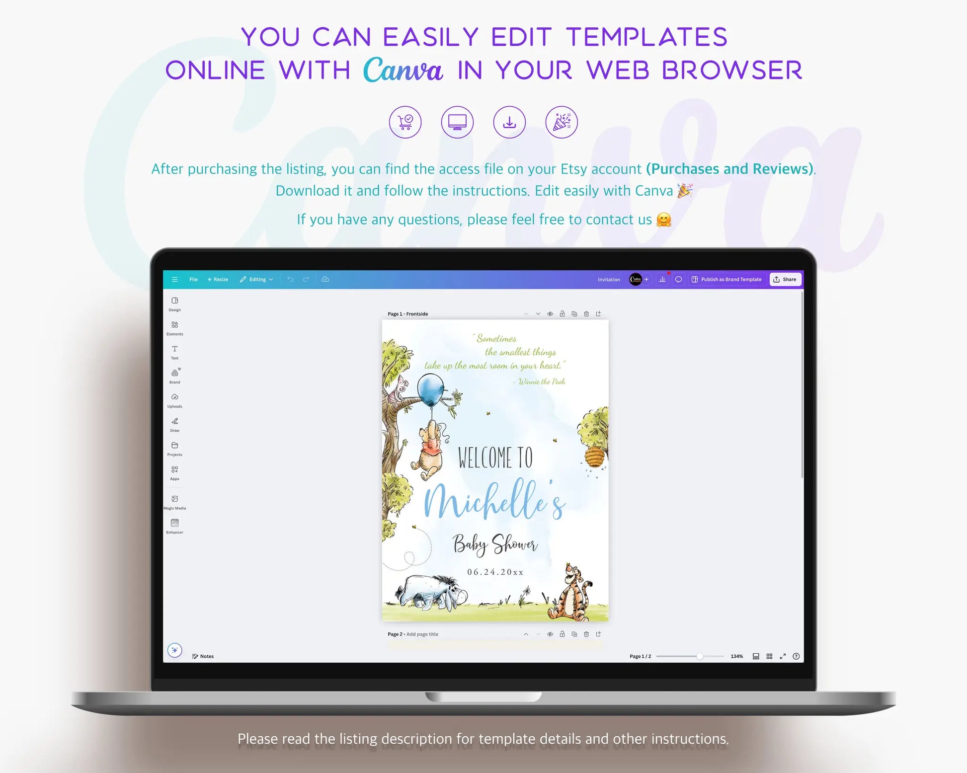 Canva editing preview showing Winnie the Pooh baby shower welcome sign template for boy