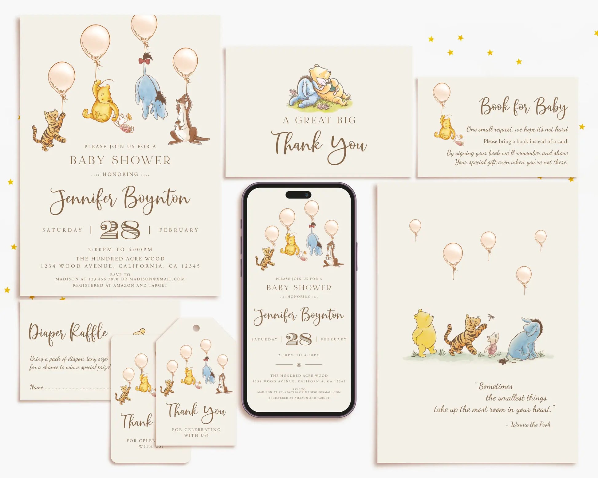 Matching Winnie the Pooh baby shower invitation, thank you card, diaper raffle, and book for baby printable templates